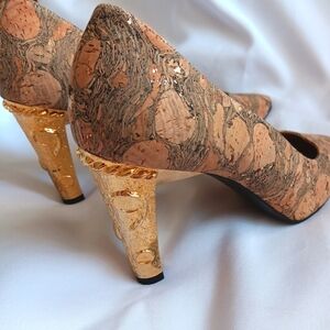 Vintage Harris Marbled Cork Gold Metallic Heels 8 Made in Spain Unique Statement